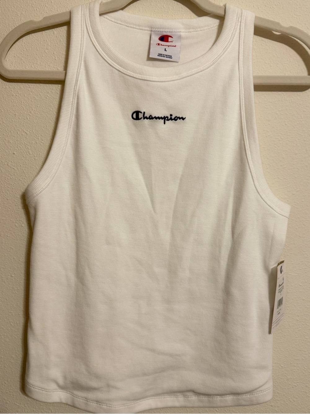 Champion Womens NWT White Ribbed Shirttail Tank Top w/ Shelf Bra Size L Sporty